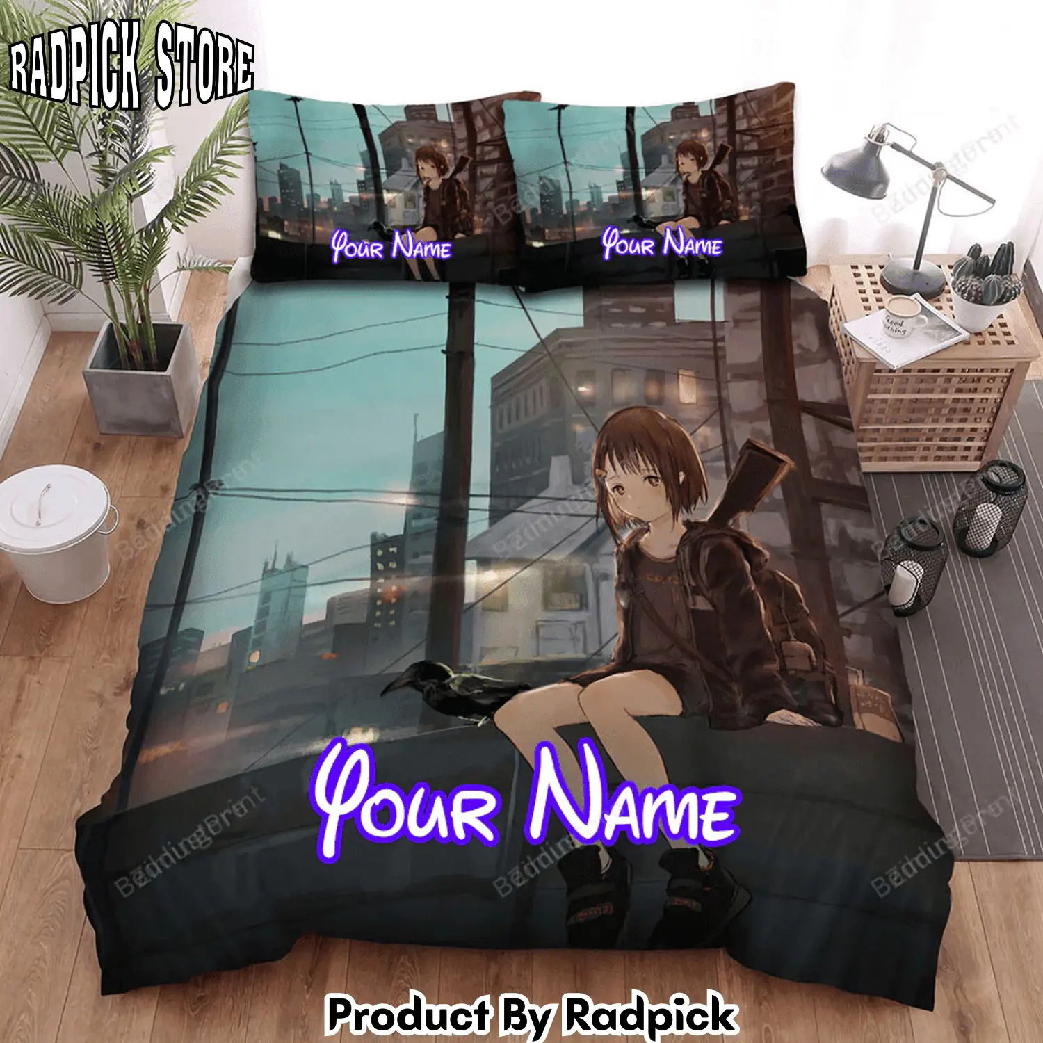 Radpick the anime girl sitting beside a crow bed sheets spread duvet cover personalized name bedding sets rp3271439
